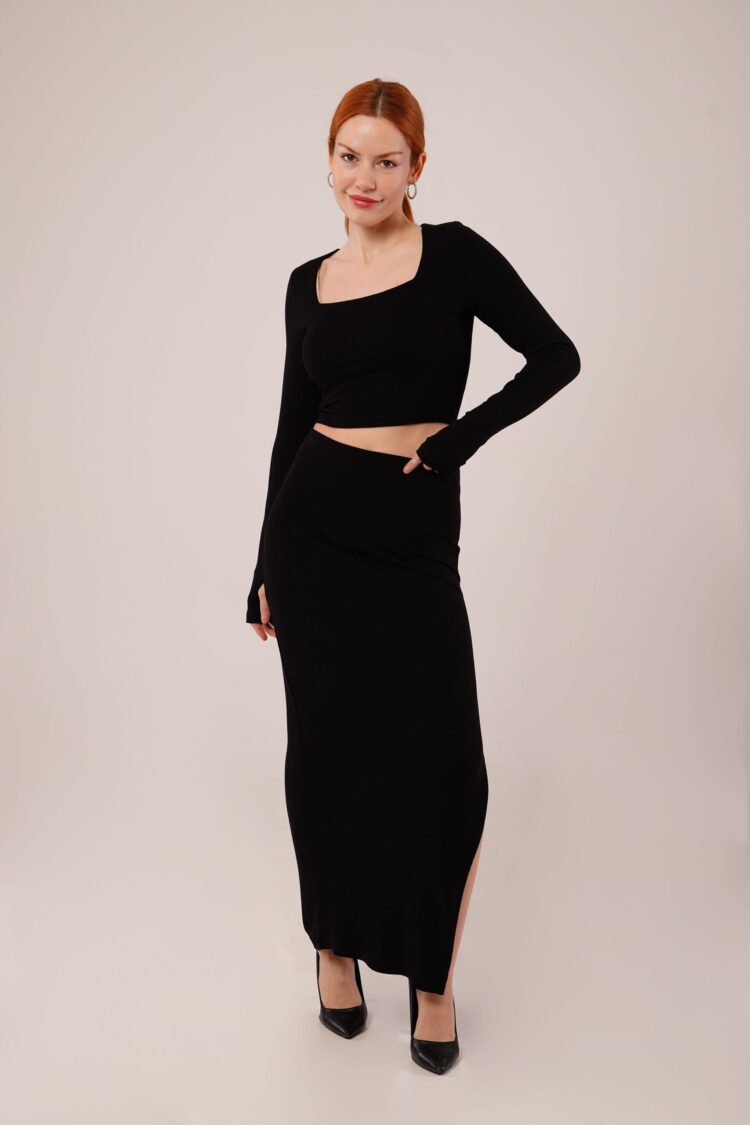 Square Collar Blouse And Slit Detailed Skirt Wholesale DoubleSuit