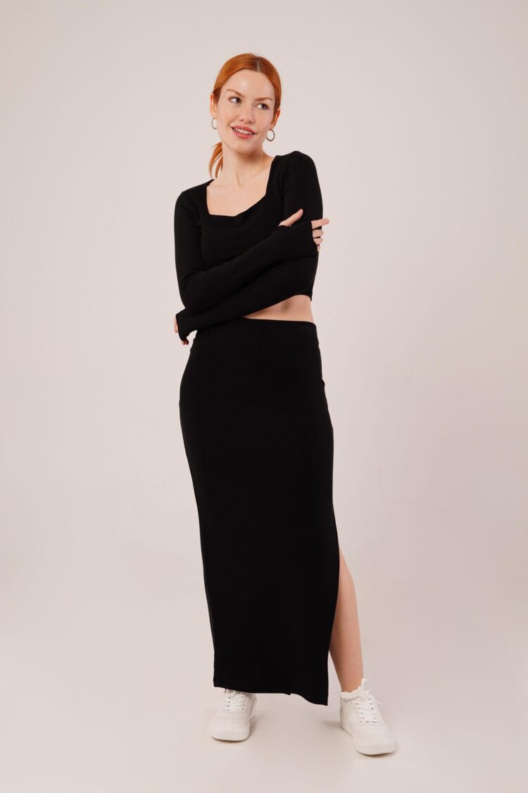 Square Collar Blouse And Slit Detailed Skirt Wholesale DoubleSuit