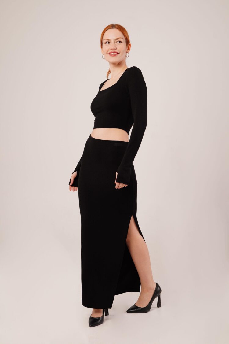 Square Collar Blouse And Slit Detailed Skirt Wholesale DoubleSuit - Lustrin - Globality Store - Women Clothes Wholesale Turkey