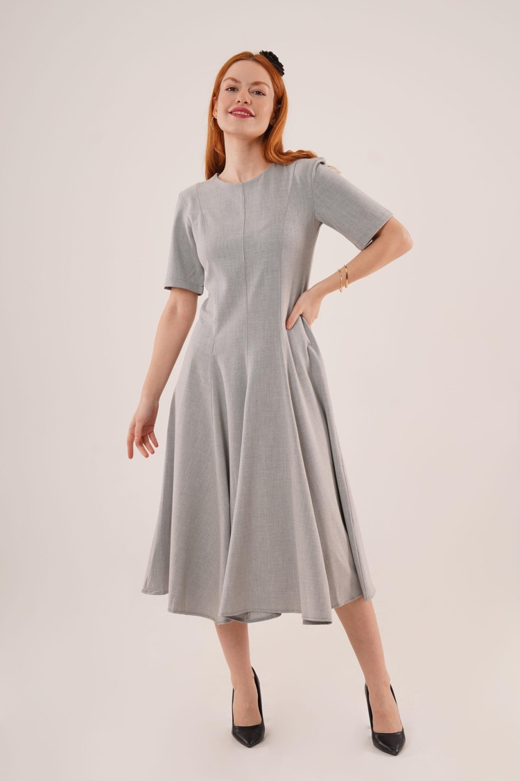 WholesaleLong Dress With Stitching Detailed Short Sleeve - Lustrin - Globality Store - Women Clothes Wholesale Turkey