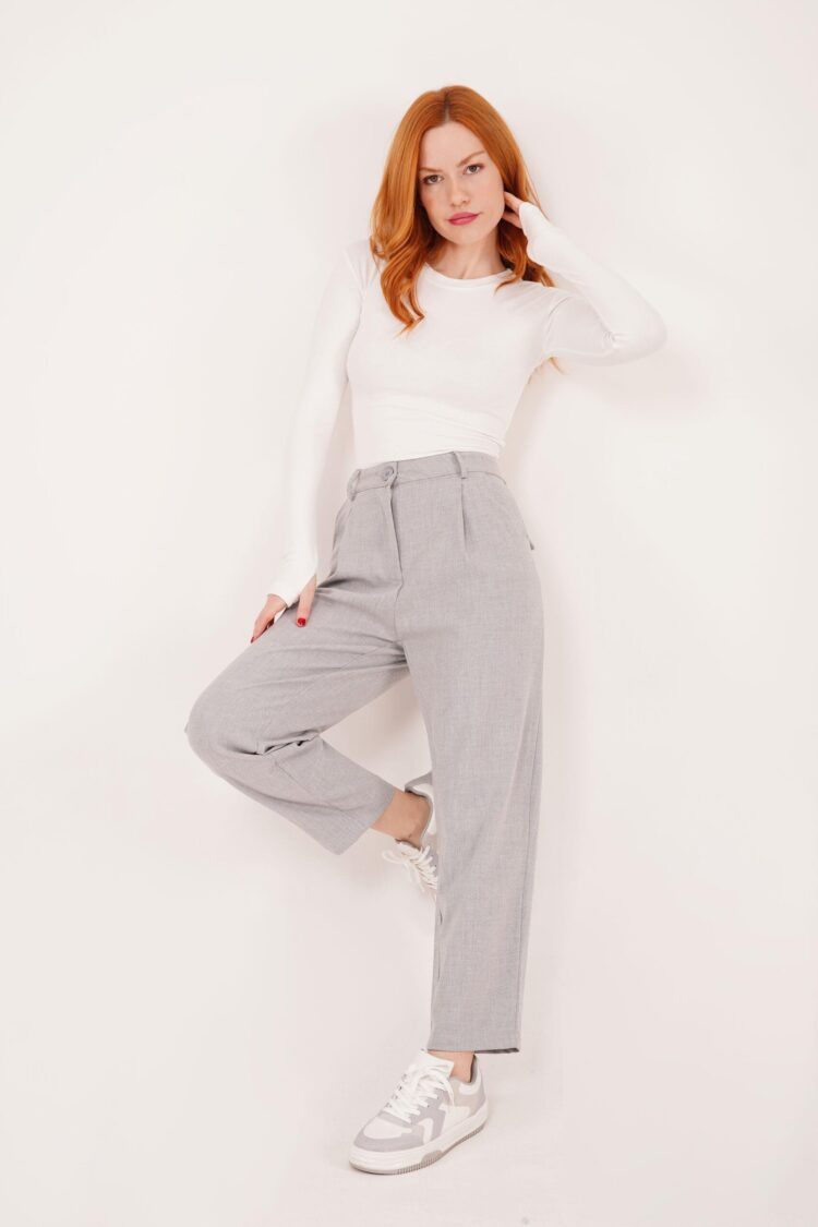 Wholesale Gray Pants With Closure Pocket Detailed