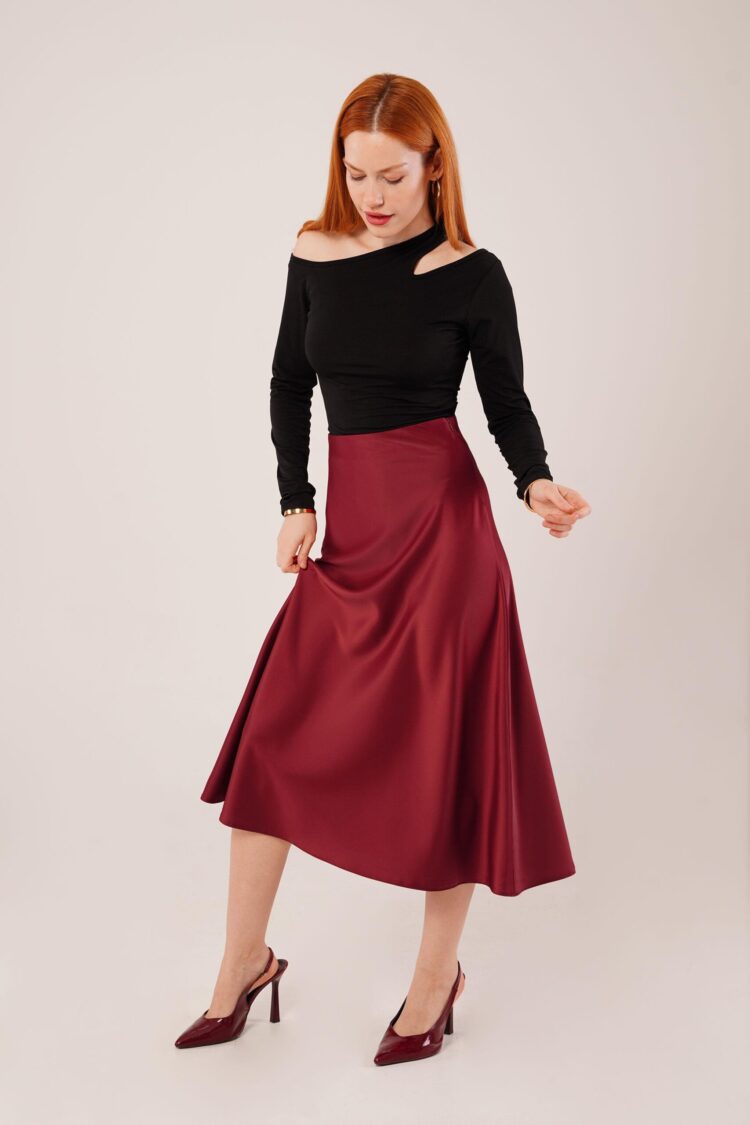Bell Cut Midi Burgundy Wholesale Satin Skirt