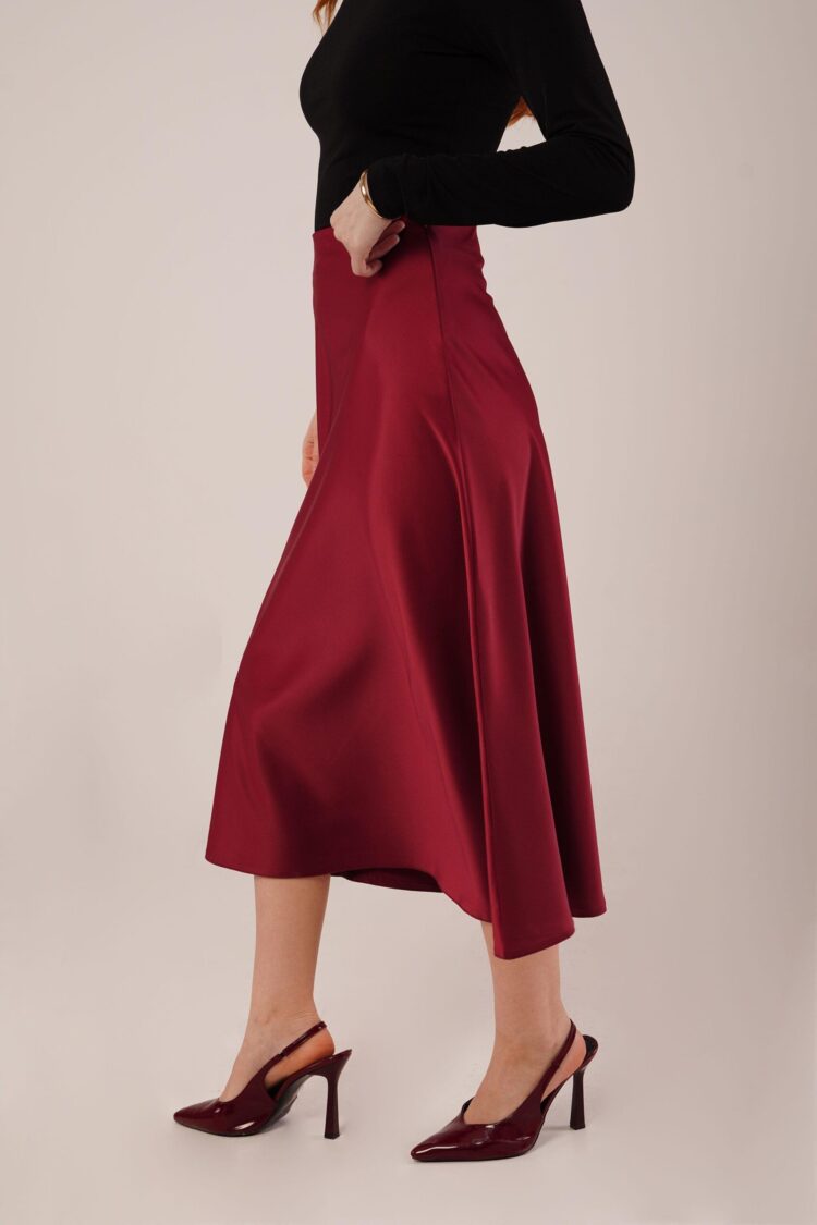 Bell Cut Midi Burgundy Wholesale Satin Skirt