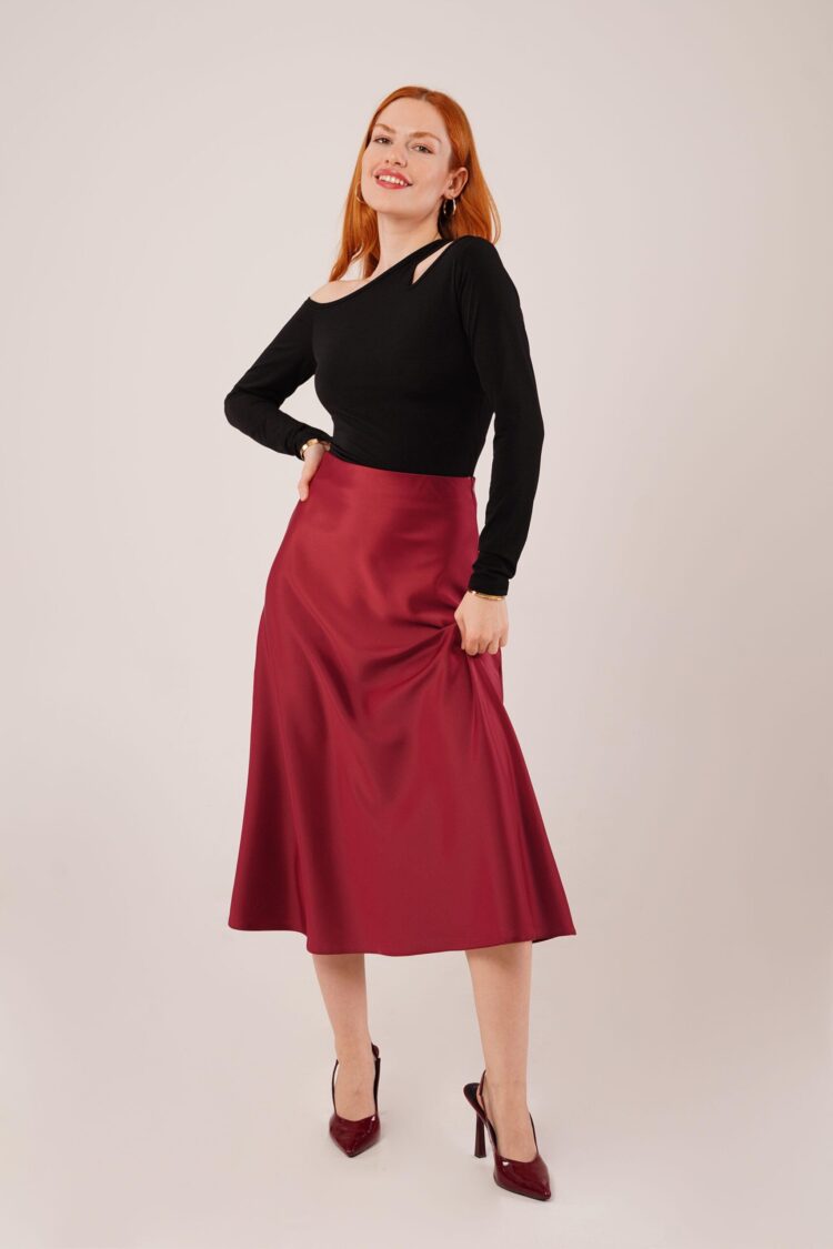 Bell Cut Midi Burgundy Wholesale Satin Skirt - Lustrin - Globality Store - Women Clothes Wholesale Turkey
