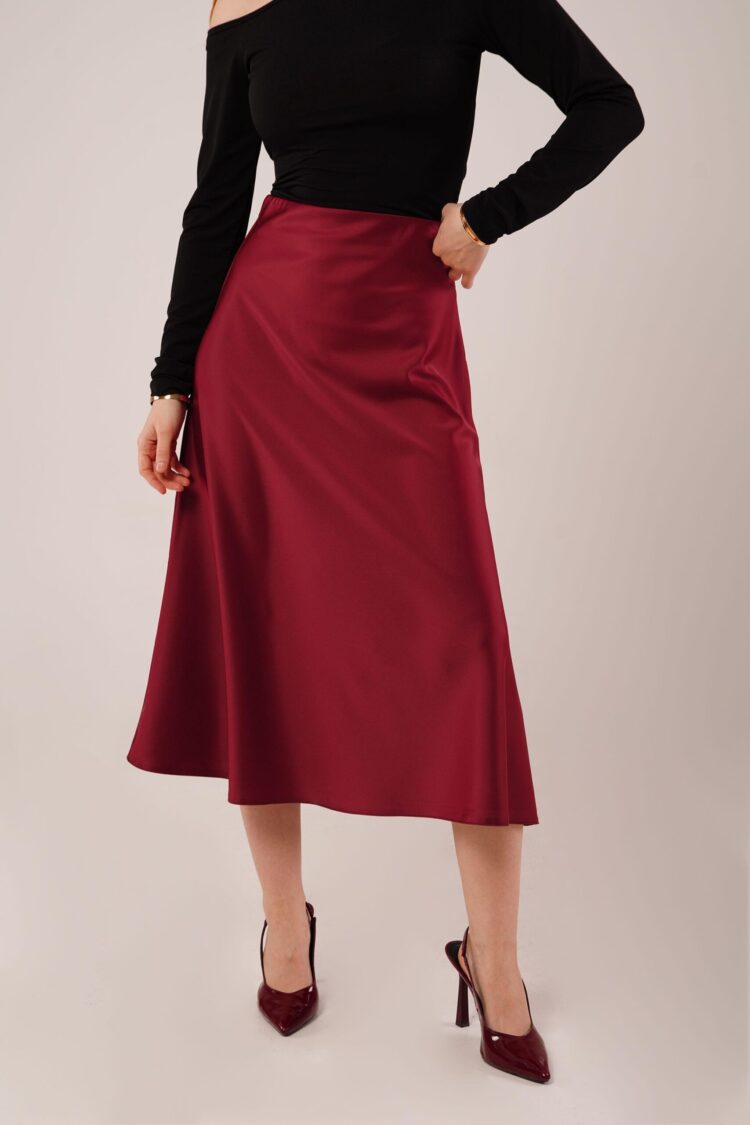 Bell Cut Midi Burgundy Wholesale Satin Skirt