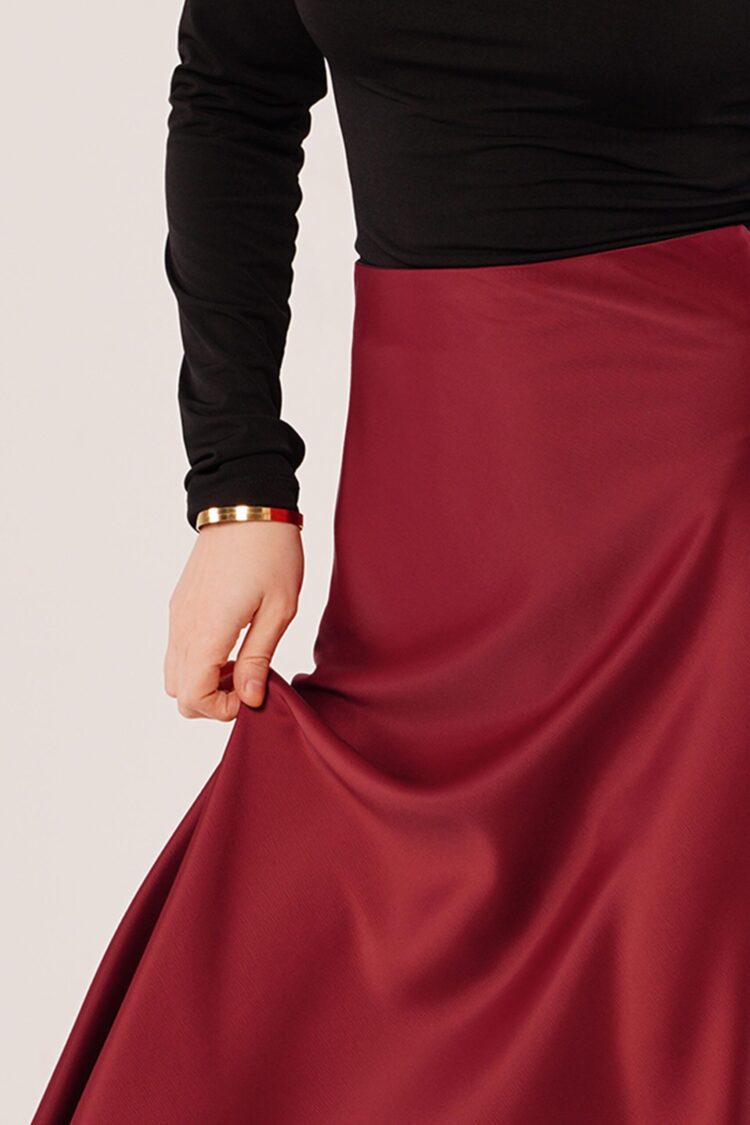 Bell Cut Midi Burgundy Wholesale Satin Skirt