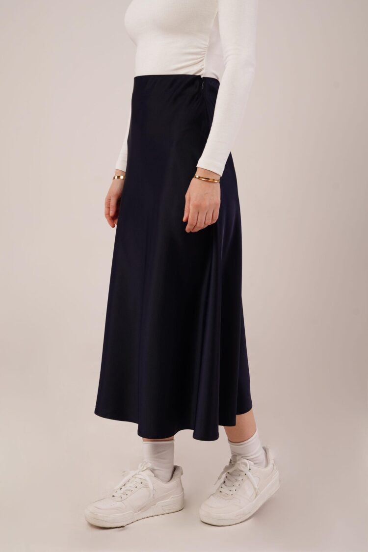 Bell Cut Midi Navy Wholesale Satin Skirt