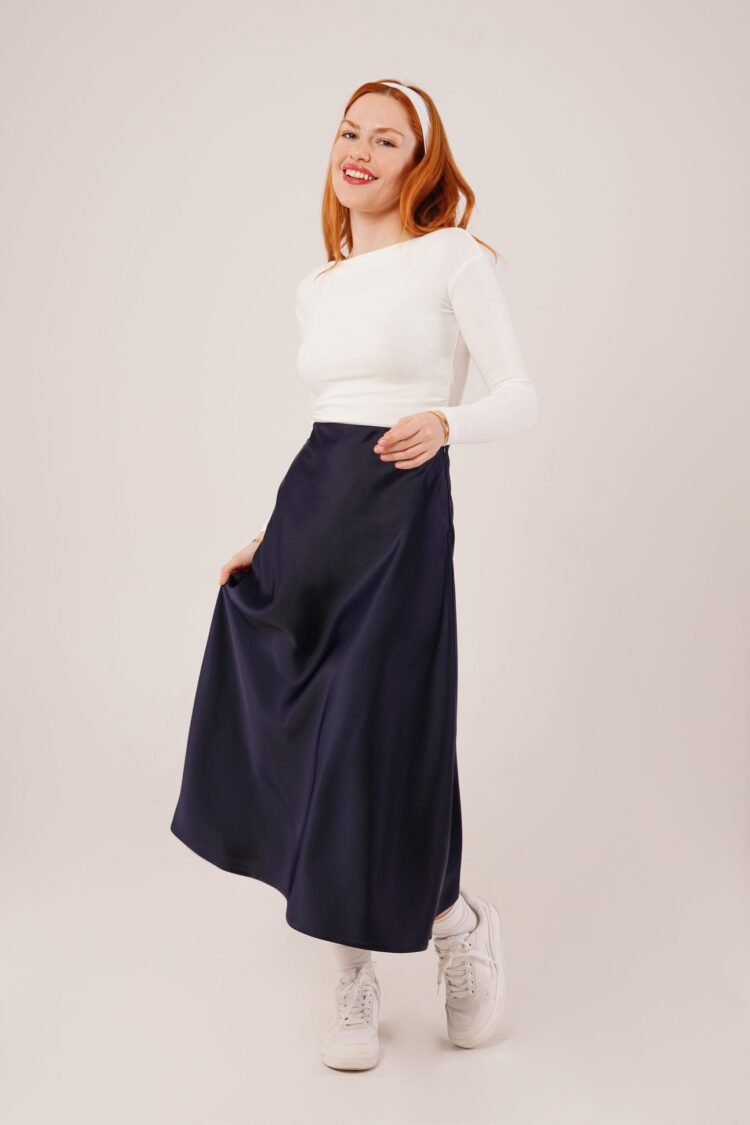 Bell Cut Midi Navy Wholesale Satin Skirt