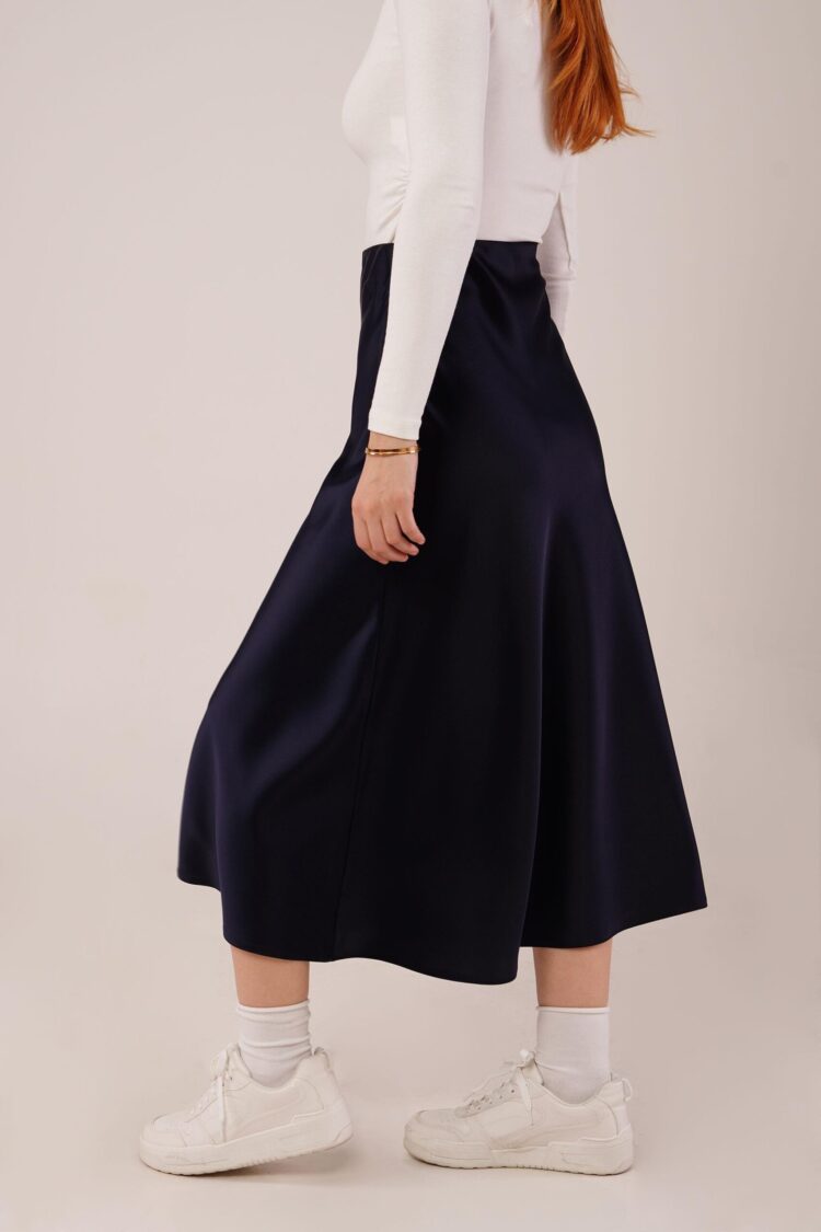 Bell Cut Midi Navy Wholesale Satin Skirt