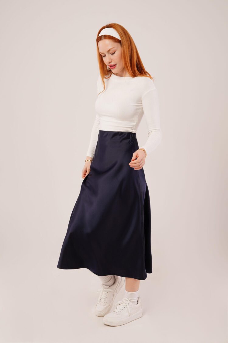 Bell Cut Midi Navy Wholesale Satin Skirt - Lustrin - Globality Store - Women Clothes Wholesale Turkey