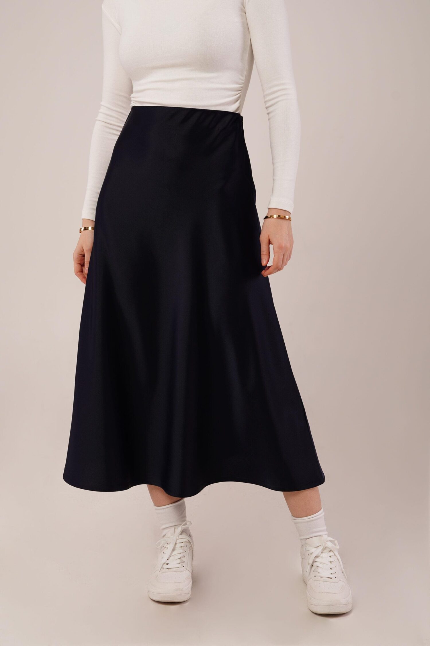 Bell Cut Midi Navy Wholesale Satin Skirt - Lustrin - Globality Store - Women Clothes Wholesale Turkey