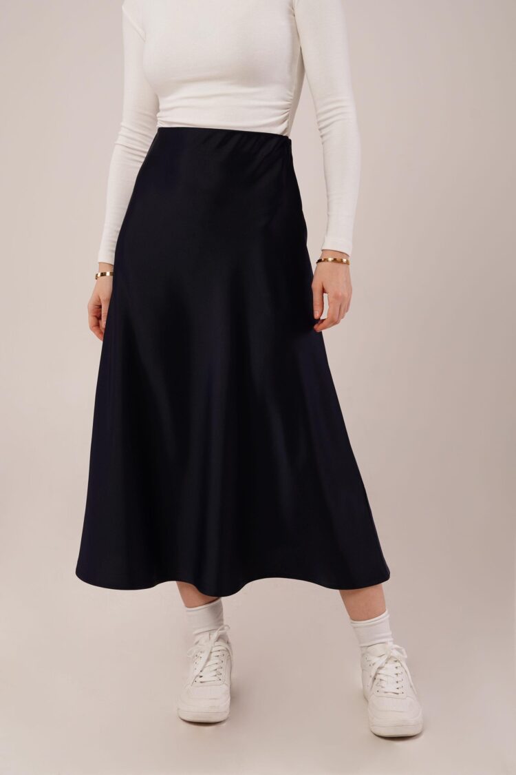 Bell Cut Midi Navy Wholesale Satin Skirt