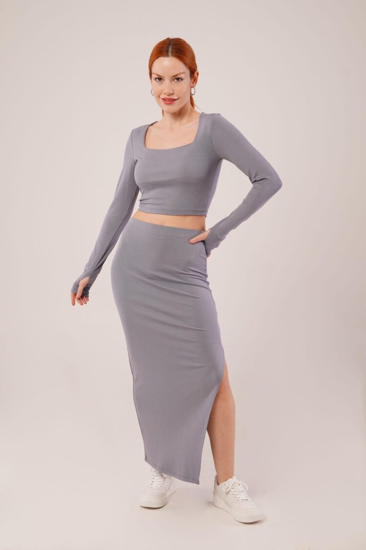 Square Collar Blouse And Slit Detailed Skirt Wholesale Double Gray Suit - Lustrin - Globality Store - Women Clothes Wholesale Turkey