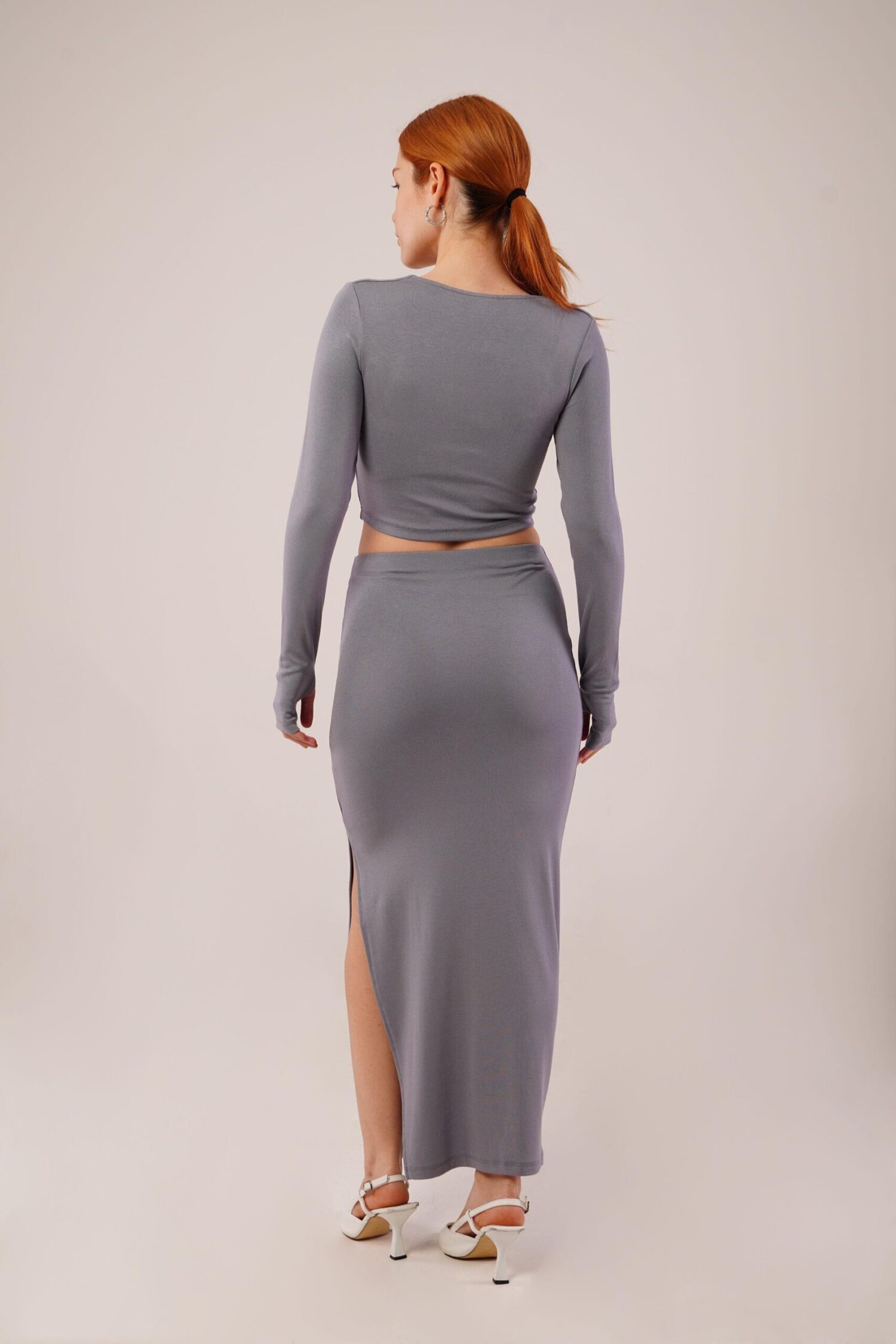 Square Collar Blouse And Slit Detailed Skirt Wholesale Double Gray Suit - Lustrin - Globality Store - Women Clothes Wholesale Turkey