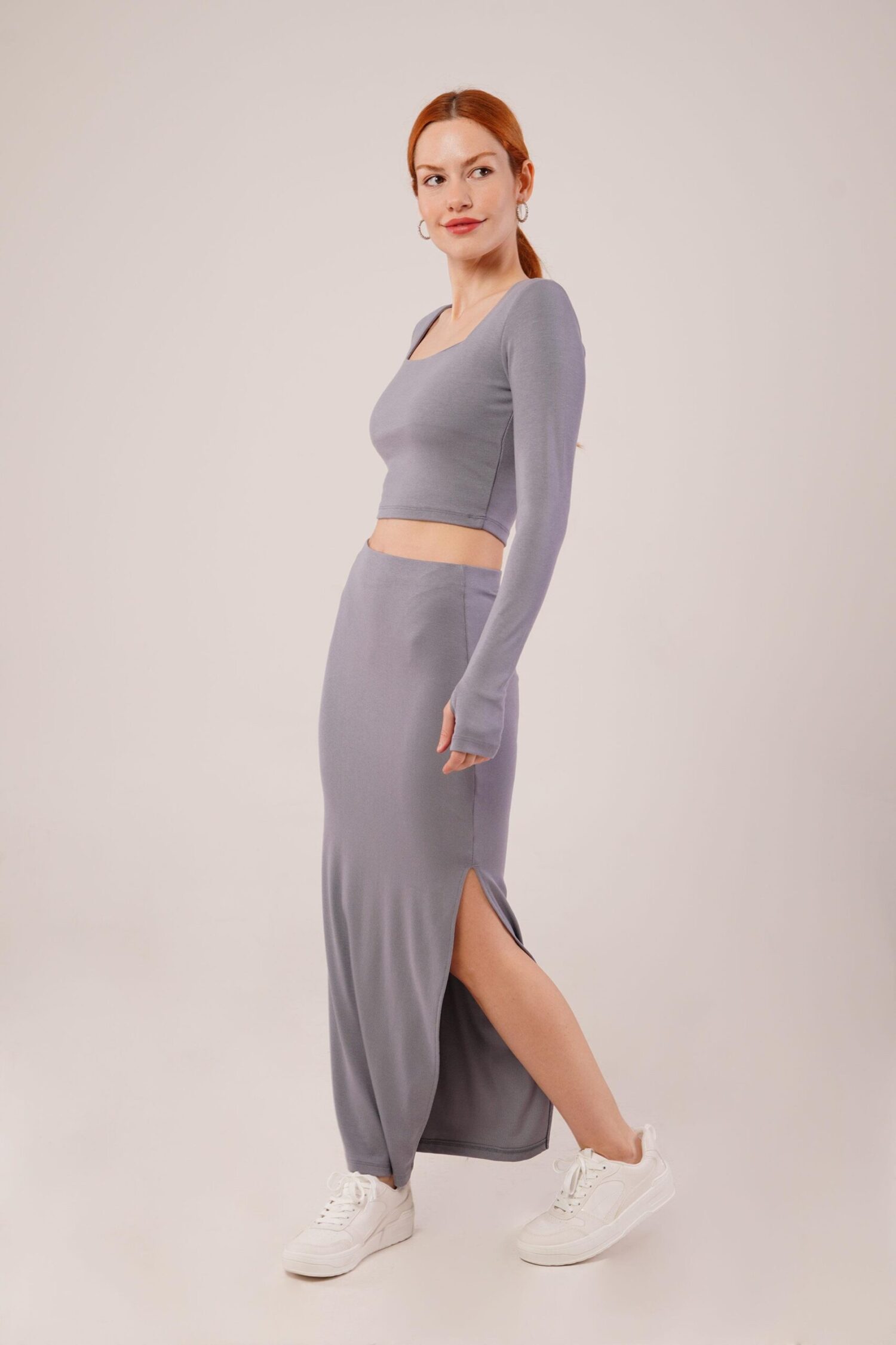 Square Collar Blouse And Slit Detailed Skirt Wholesale Double Gray Suit - Lustrin - Globality Store - Women Clothes Wholesale Turkey