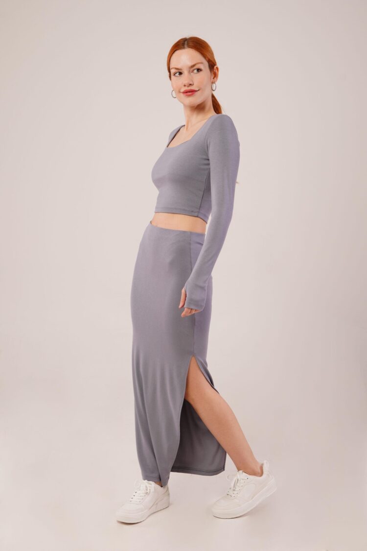 Square Collar Blouse And Slit Detailed Skirt Wholesale Double Gray Suit