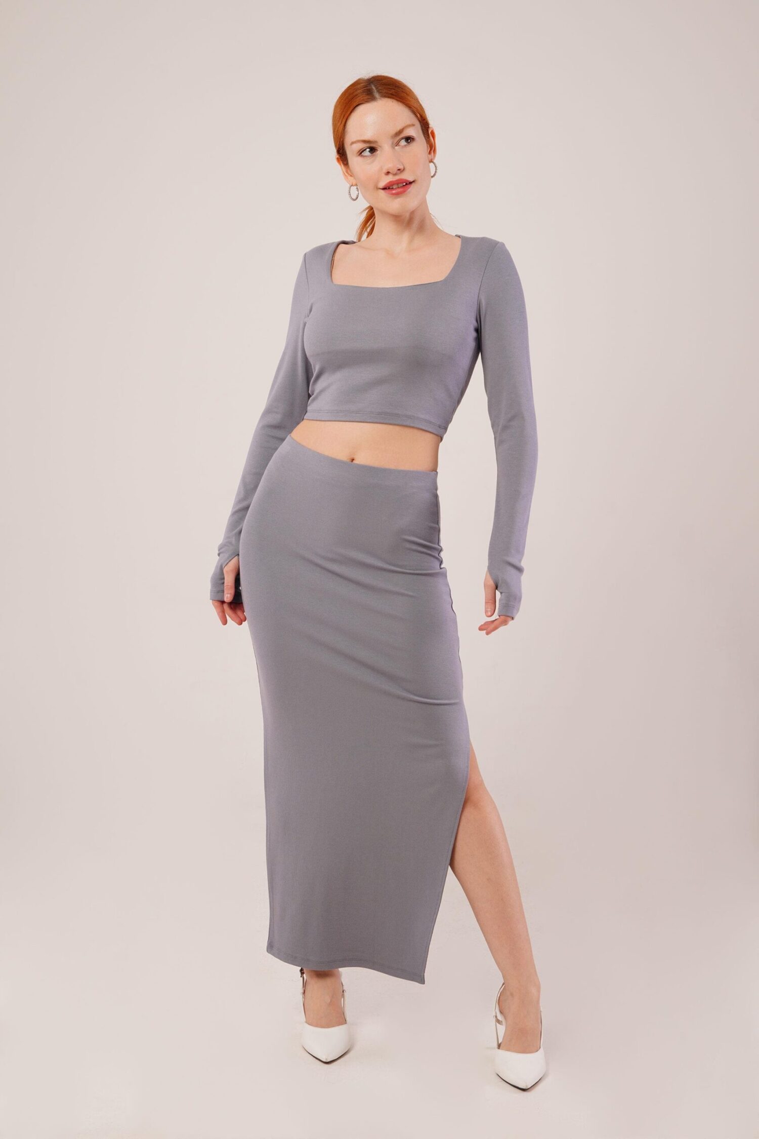 Square Collar Blouse And Slit Detailed Skirt Wholesale Double Gray Suit - Lustrin - Globality Store - Women Clothes Wholesale Turkey