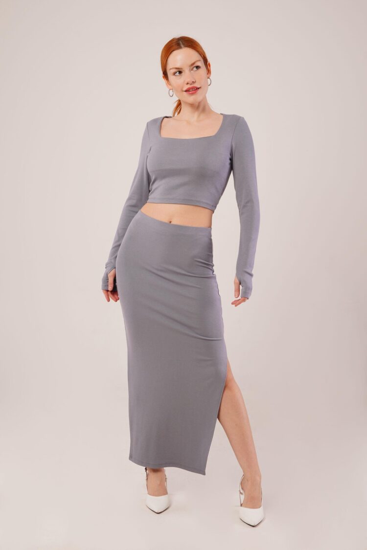 Square Collar Blouse And Slit Detailed Skirt Wholesale Double Gray Suit