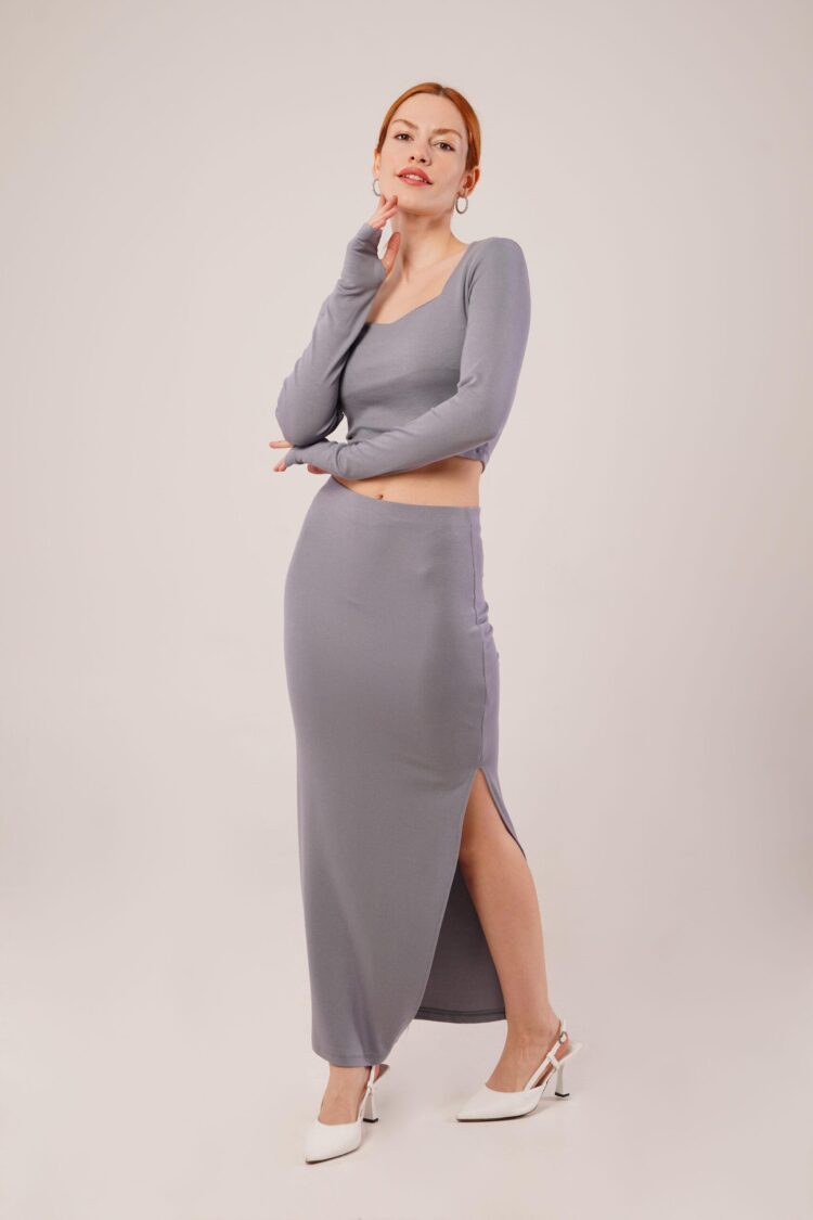 Square Collar Blouse And Slit Detailed Skirt Wholesale Double Gray Suit