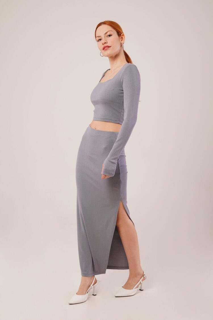 Square Collar Blouse And Slit Detailed Skirt Wholesale Double Gray Suit