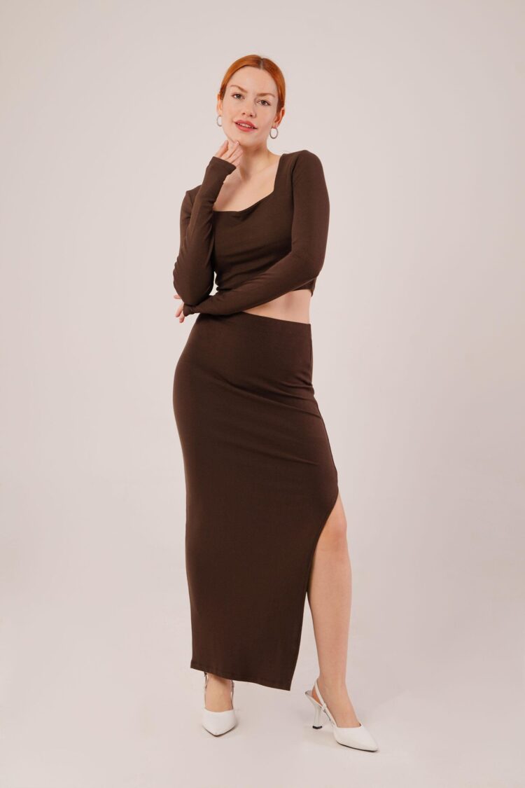 Square Collar Blouse And Slit Detailed Skirt Wholesale DoubleSuit
