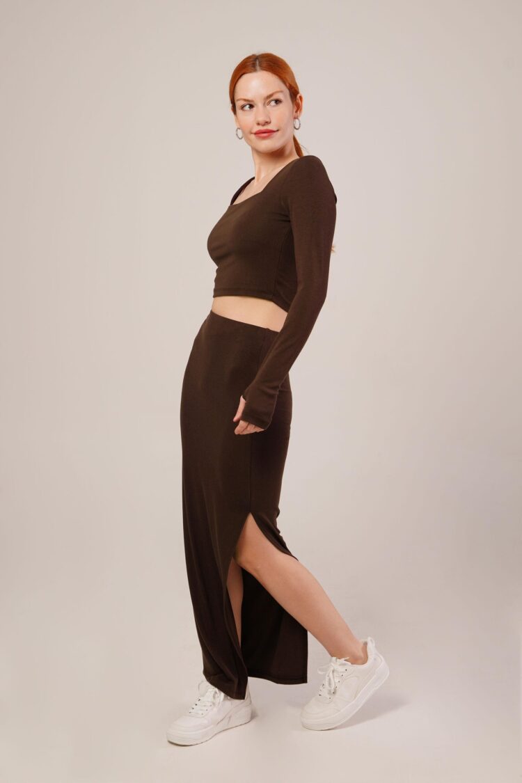 Square Collar Blouse And Slit Detailed Skirt Wholesale DoubleSuit