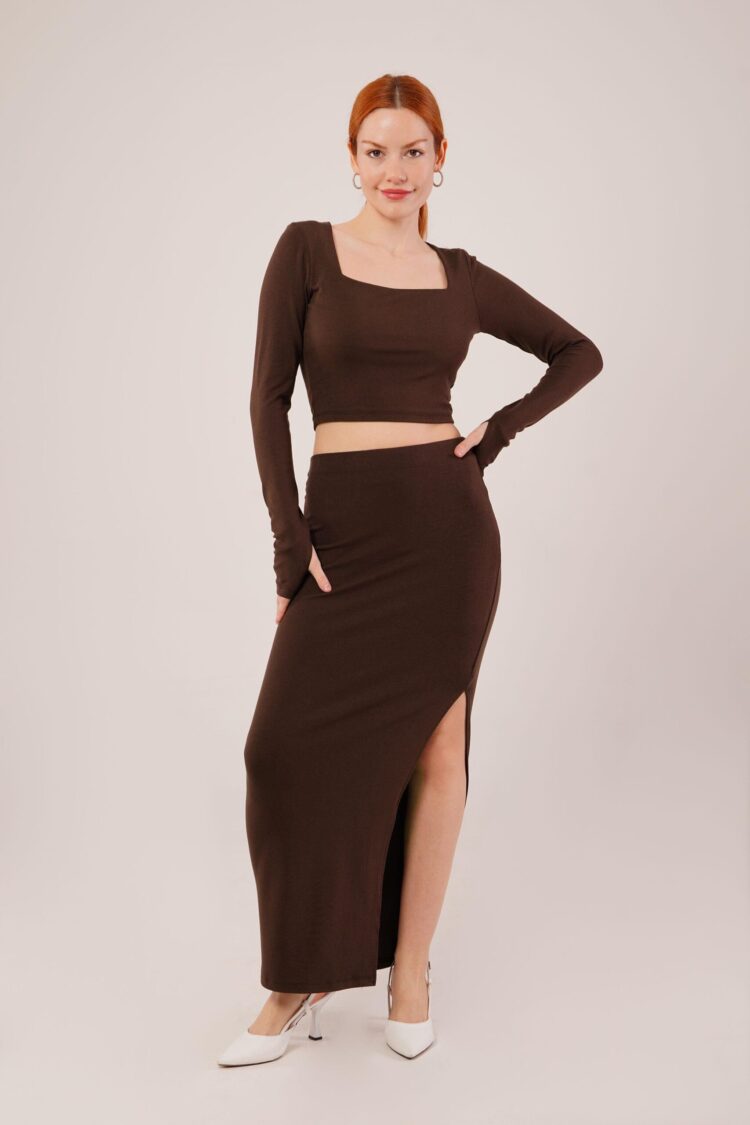 Square Collar Blouse And Slit Detailed Skirt Wholesale DoubleSuit - Lustrin - Globality Store - Women Clothes Wholesale Turkey