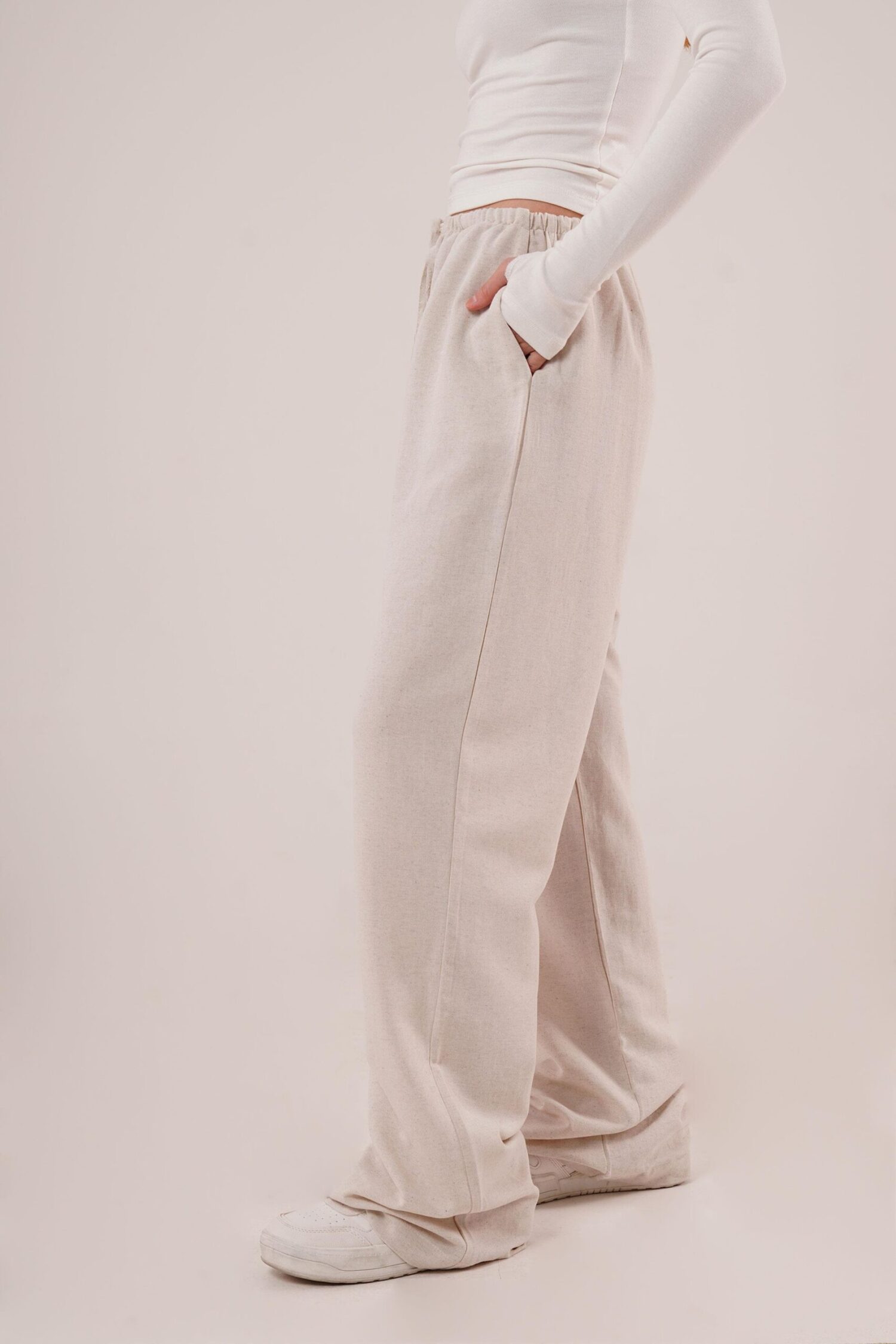 Drawstring Detailed Linen Wholesale Ecru Pants With Pockets - Lustrin - Globality Store - Women Clothes Wholesale Turkey