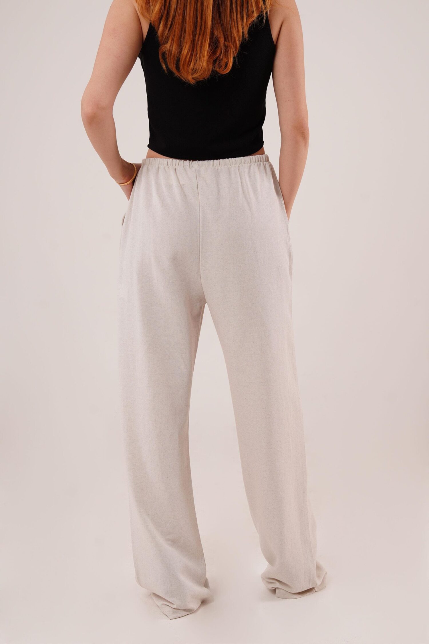 Drawstring Detailed Linen Wholesale Ecru Pants With Pockets - Lustrin - Globality Store - Women Clothes Wholesale Turkey