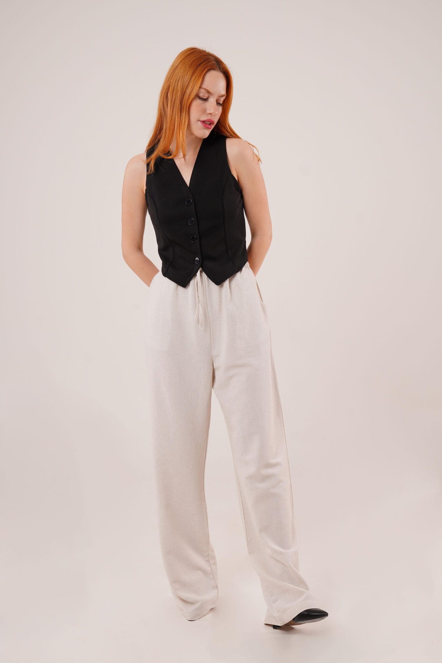 Drawstring Detailed Linen Wholesale Ecru Pants With Pockets - Lustrin - Globality Store - Women Clothes Wholesale Turkey