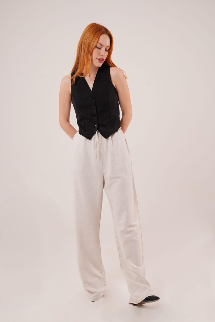 Drawstring Detailed Linen Wholesale Ecru Pants With Pockets