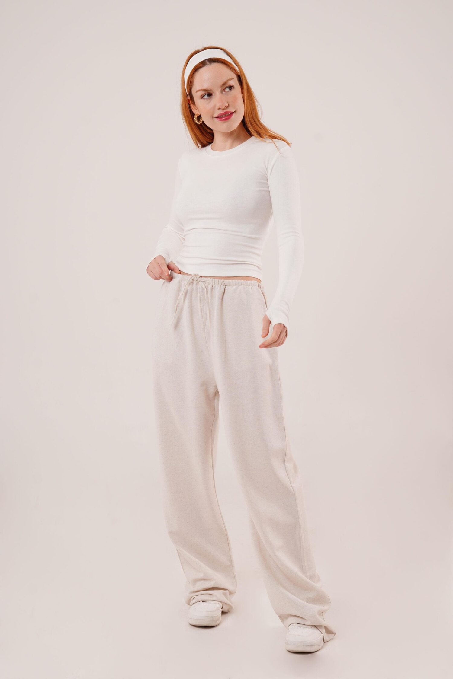Drawstring Detailed Linen Wholesale Ecru Pants With Pockets - Lustrin - Globality Store - Women Clothes Wholesale Turkey