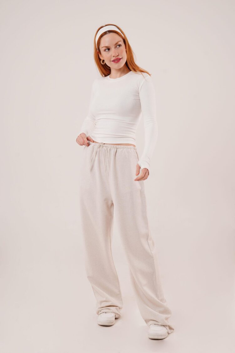 Drawstring Detailed Linen Wholesale Ecru Pants With Pockets - Lustrin - Globality Store - Women Clothes Wholesale Turkey