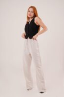 Drawstring Detailed Linen Wholesale Ecru Pants With Pockets - Lustrin - Globality Store - Women Clothes Wholesale Turkey