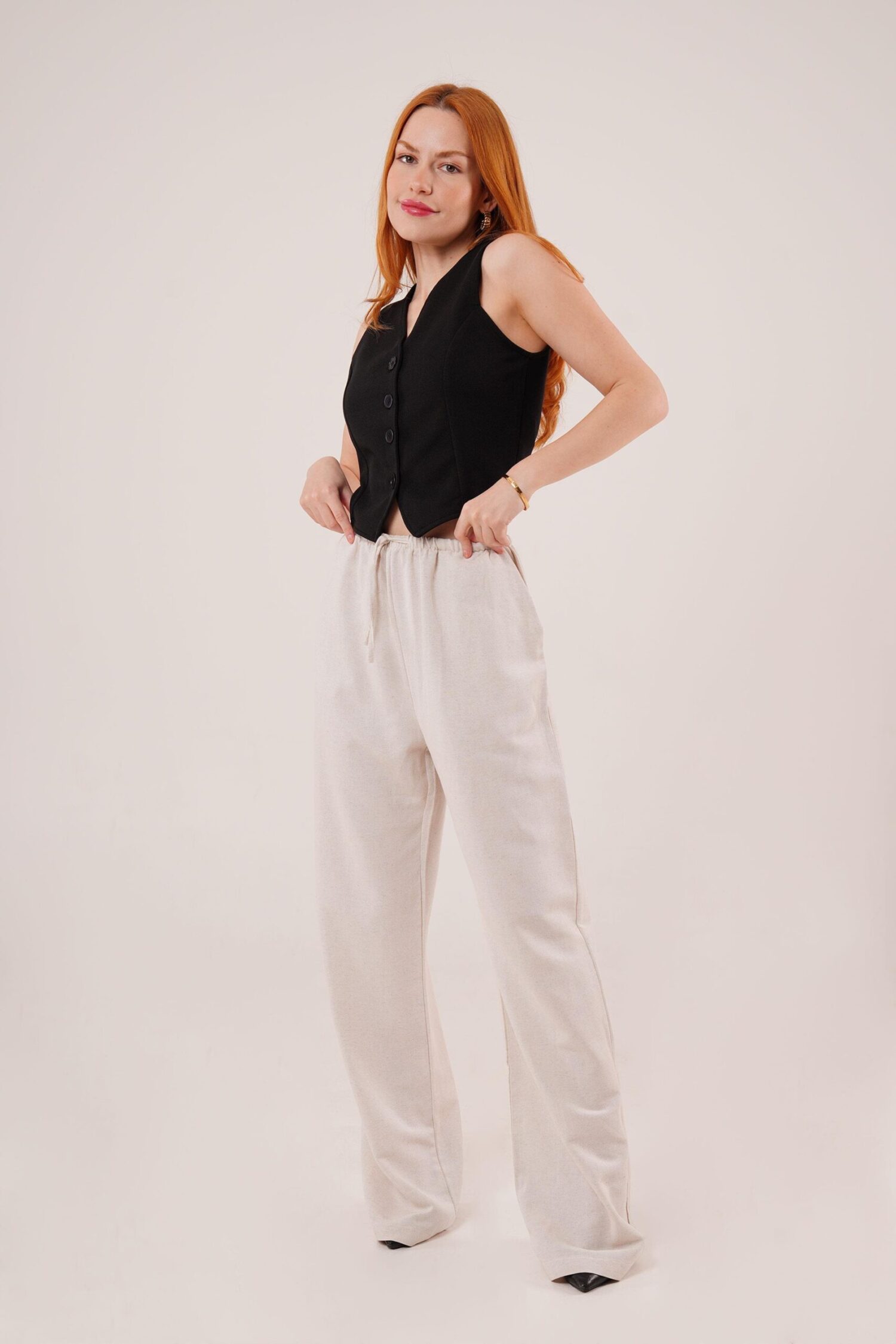Drawstring Detailed Linen Wholesale Ecru Pants With Pockets - Lustrin - Globality Store - Women Clothes Wholesale Turkey