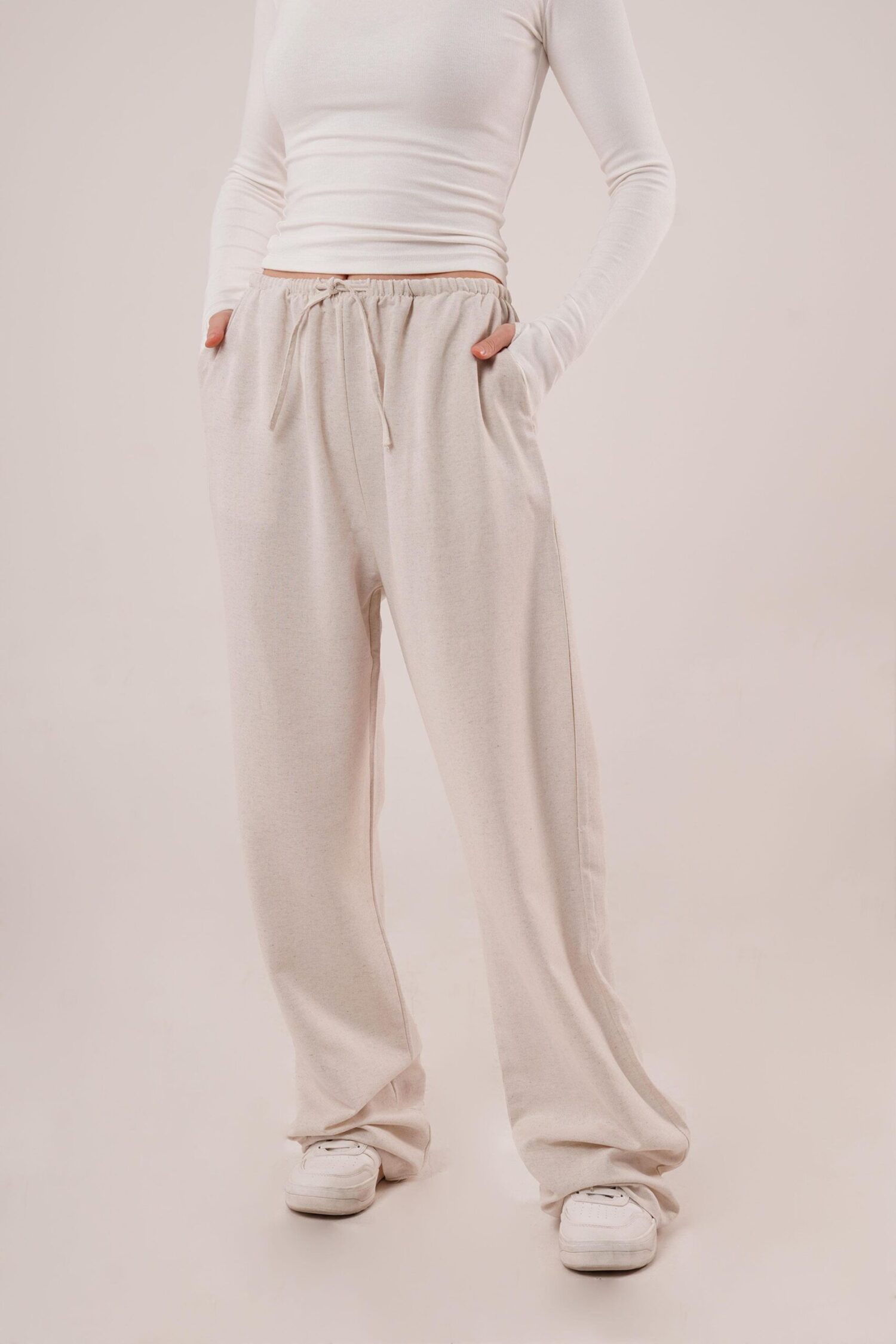 Drawstring Detailed Linen Wholesale Ecru Pants With Pockets - Lustrin - Globality Store - Women Clothes Wholesale Turkey