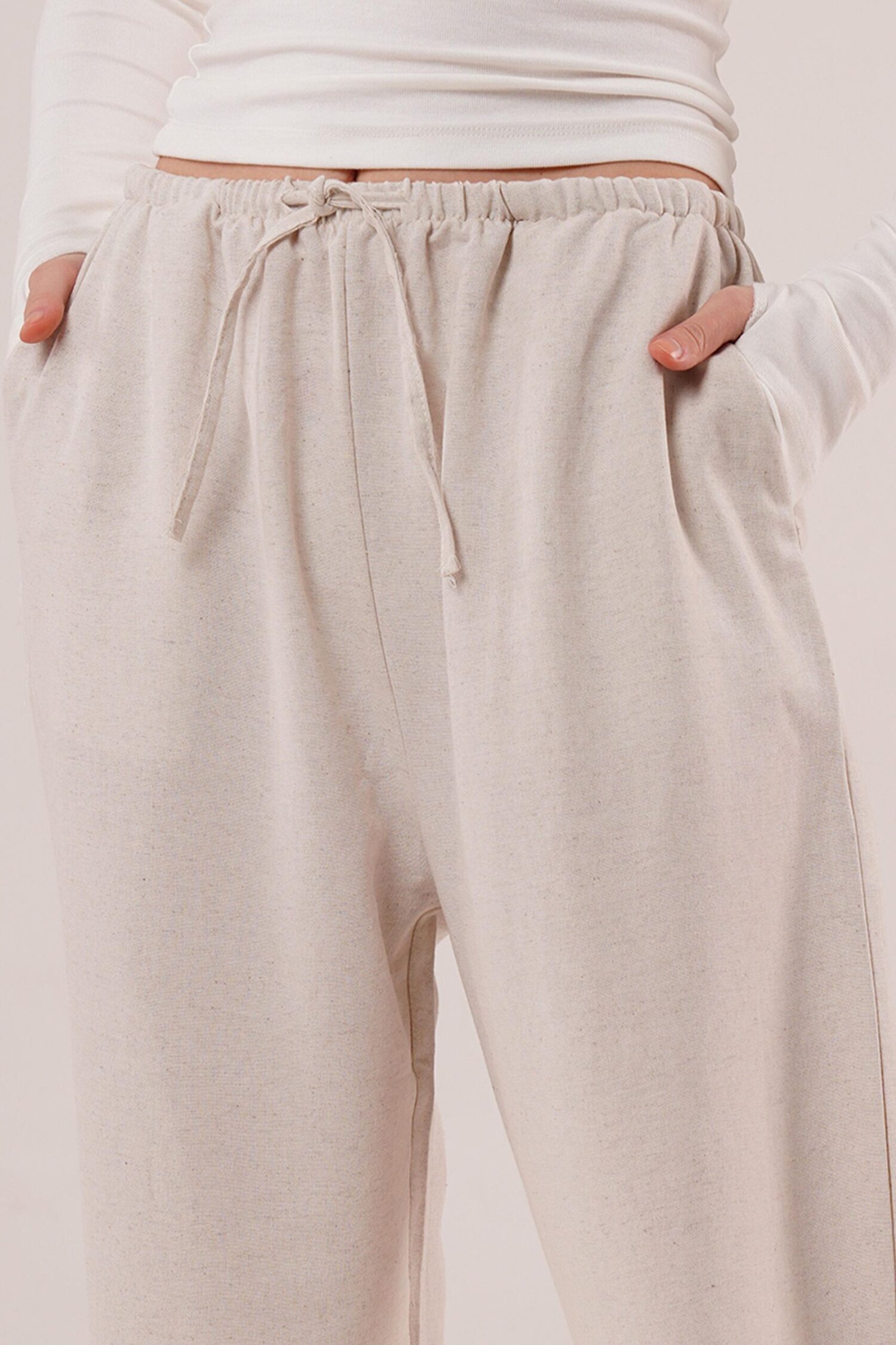 Drawstring Detailed Linen Wholesale Ecru Pants With Pockets - Lustrin - Globality Store - Women Clothes Wholesale Turkey
