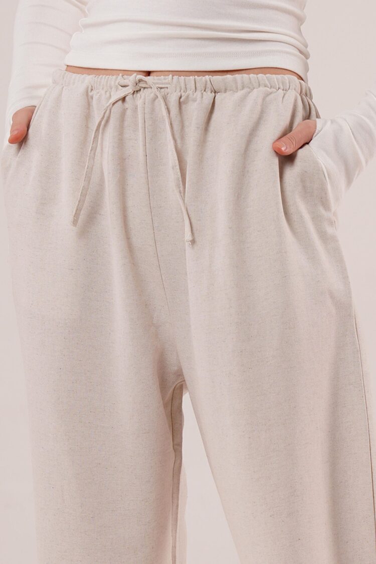 Drawstring Detailed Linen Wholesale Ecru Pants With Pockets