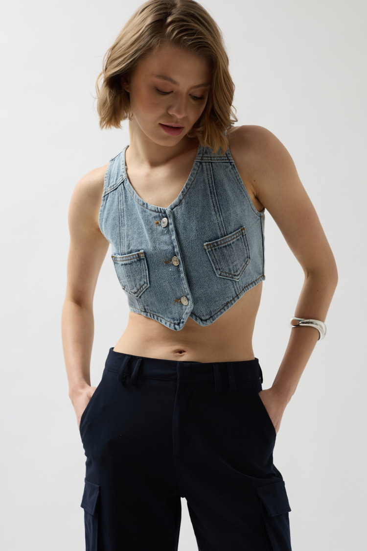 Denim Pocket Vest - Light - Black Fashion - Globality Store - Women Clothes Wholesale Turkey