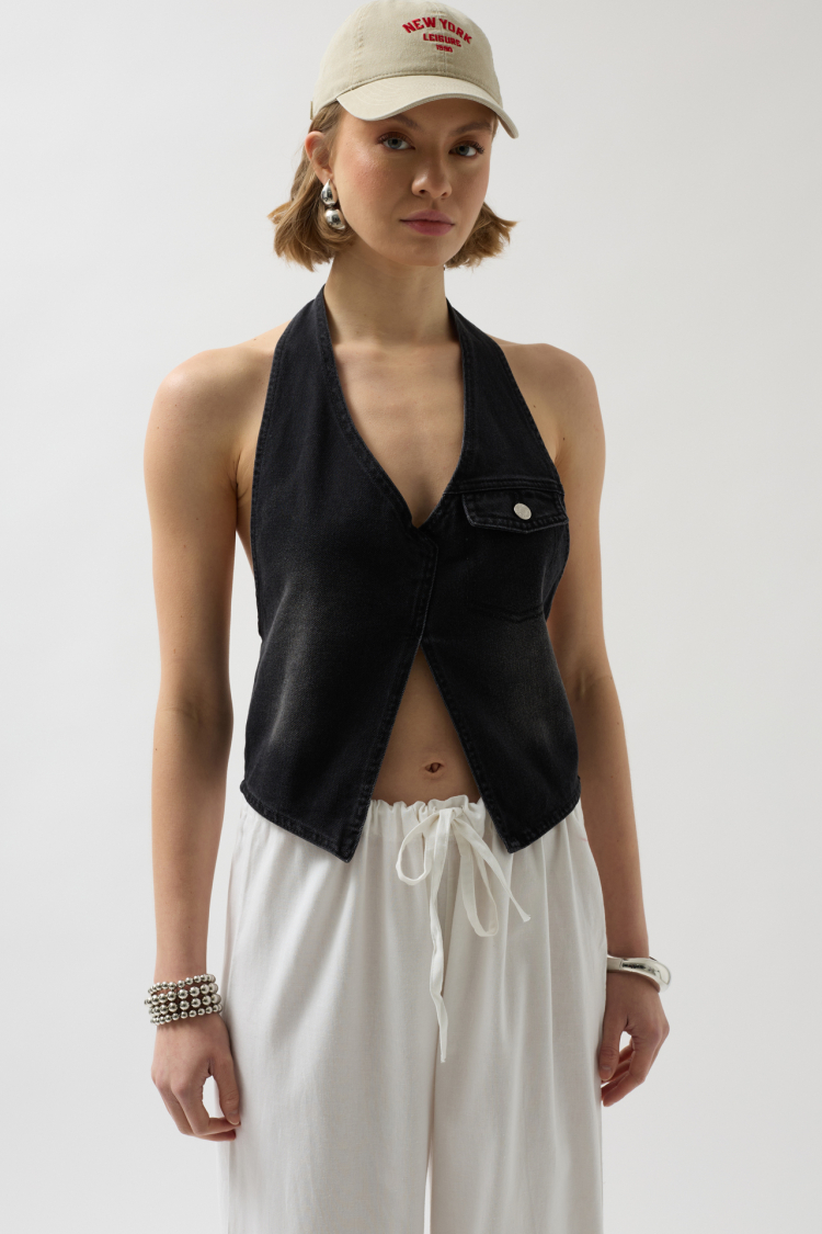 Asymmetrical Denim Vest - Black Fashion - Globality Store - Women Clothes Wholesale Turkey