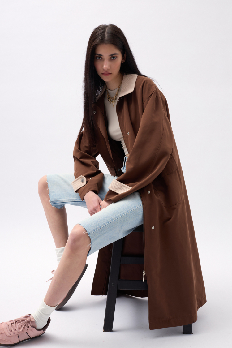 Collar Detailed Oversized Trench Coat - Dark - Black Fashion - Globality Store - Women Clothes Wholesale Turkey
