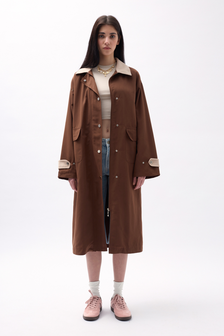 Collar Detailed Oversized Trench Coat - Dark