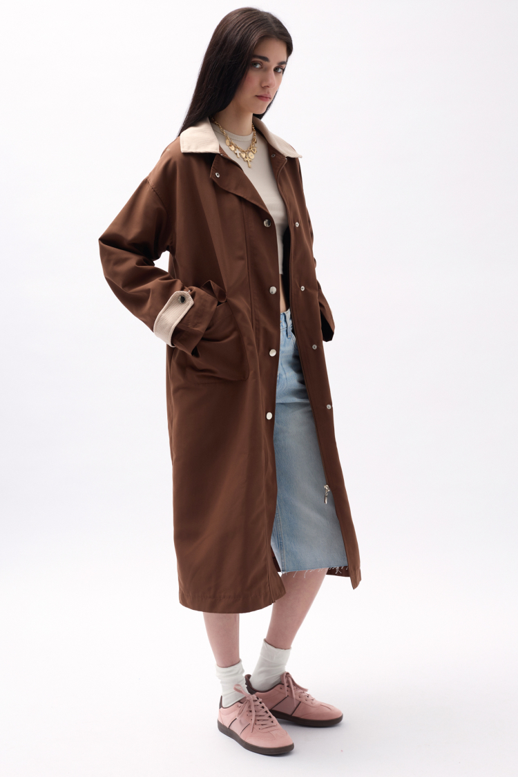Collar Detailed Oversized Trench Coat - Dark