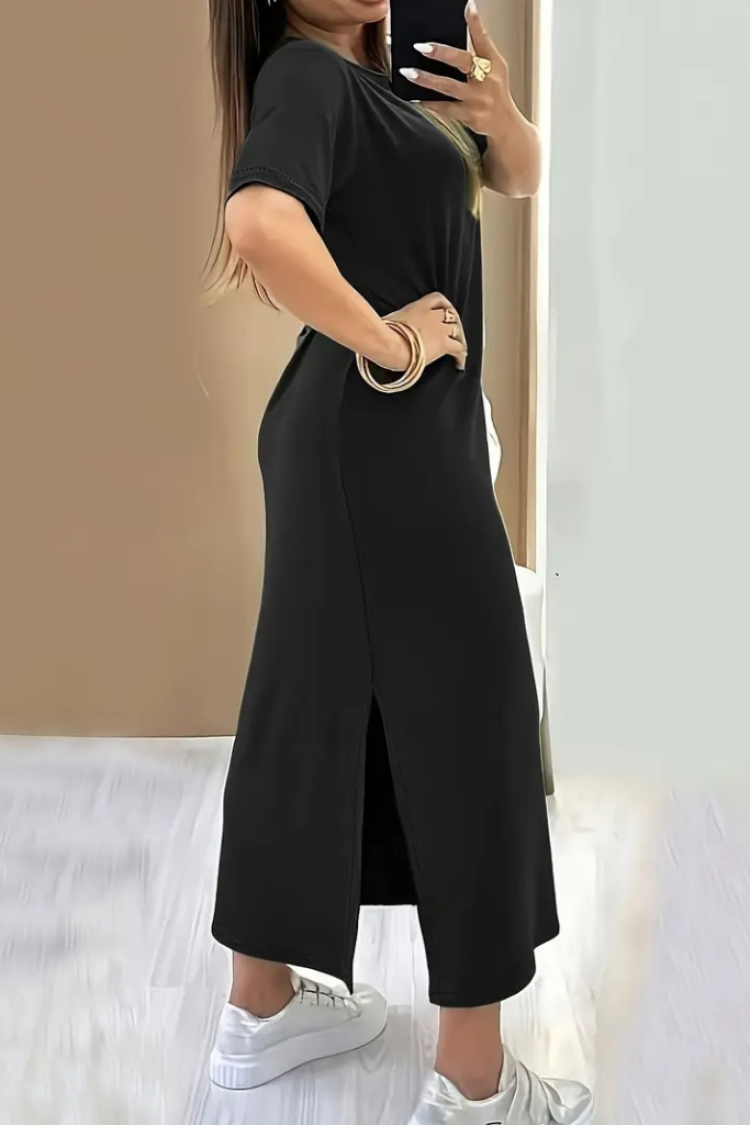 Women's Short Sleeve Crew Neck Side Slit Viscose Dress