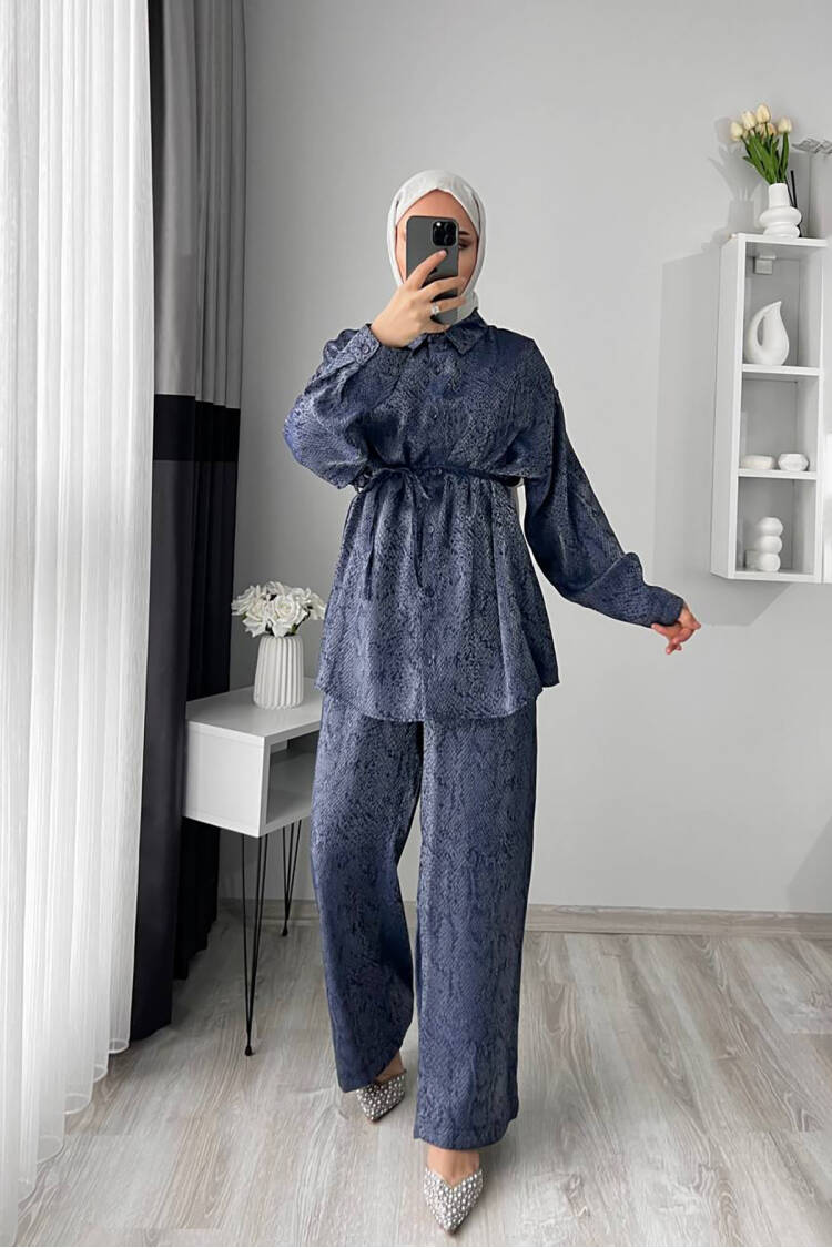 Jacquard Bottom Double Burkini Suit - Navy