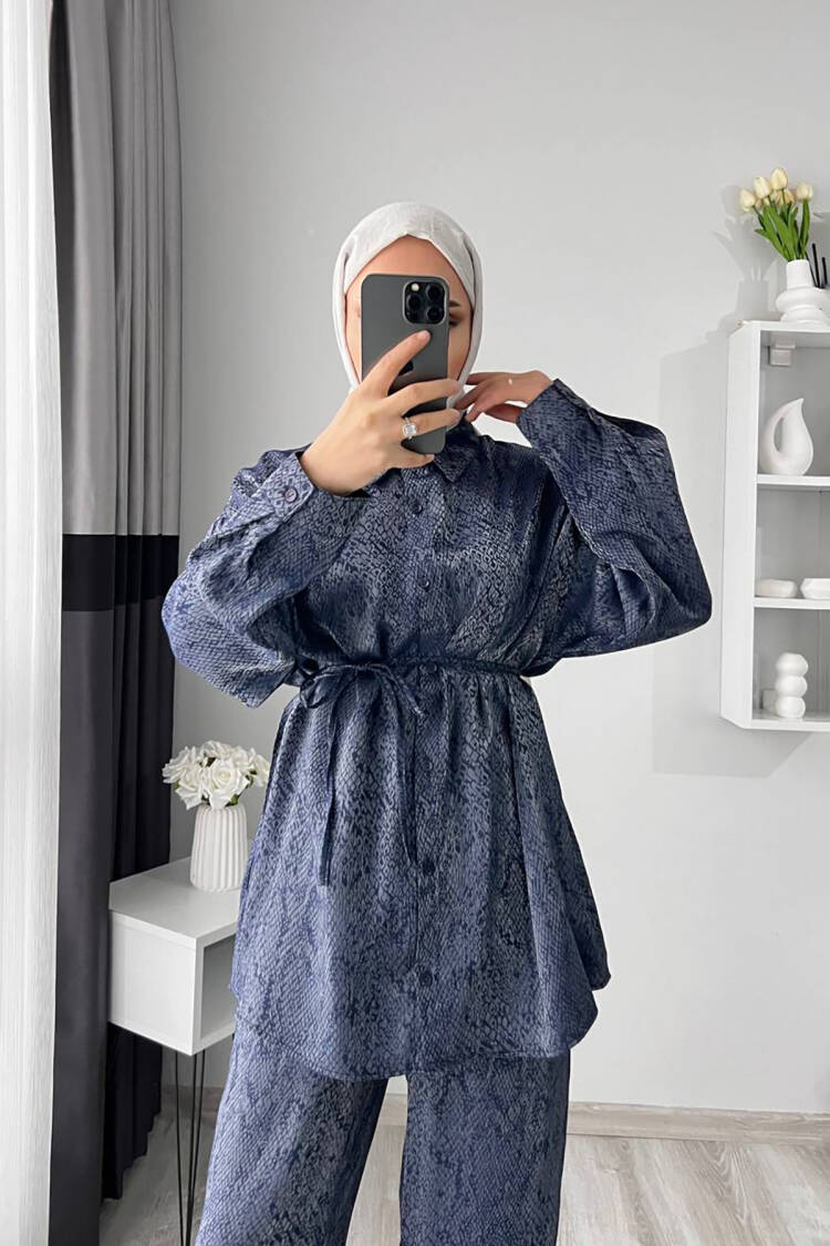Jacquard Bottom Double Burkini Suit - Navy