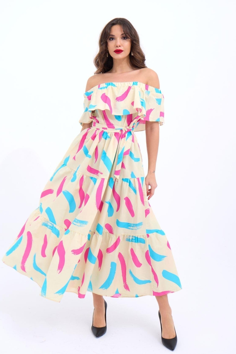 Patterned Dress - Cream & - Fame - Globality Store - Women Clothes Wholesale Turkey