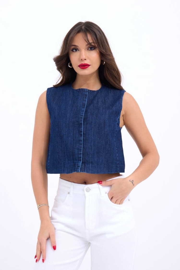 Denim Vest - Blue - Fame - Globality Store - Women Clothes Wholesale Turkey