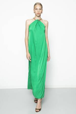Chain Detailed Satin Maxi Dress - BSL - Globality Store - Women Clothes Wholesale Turkey