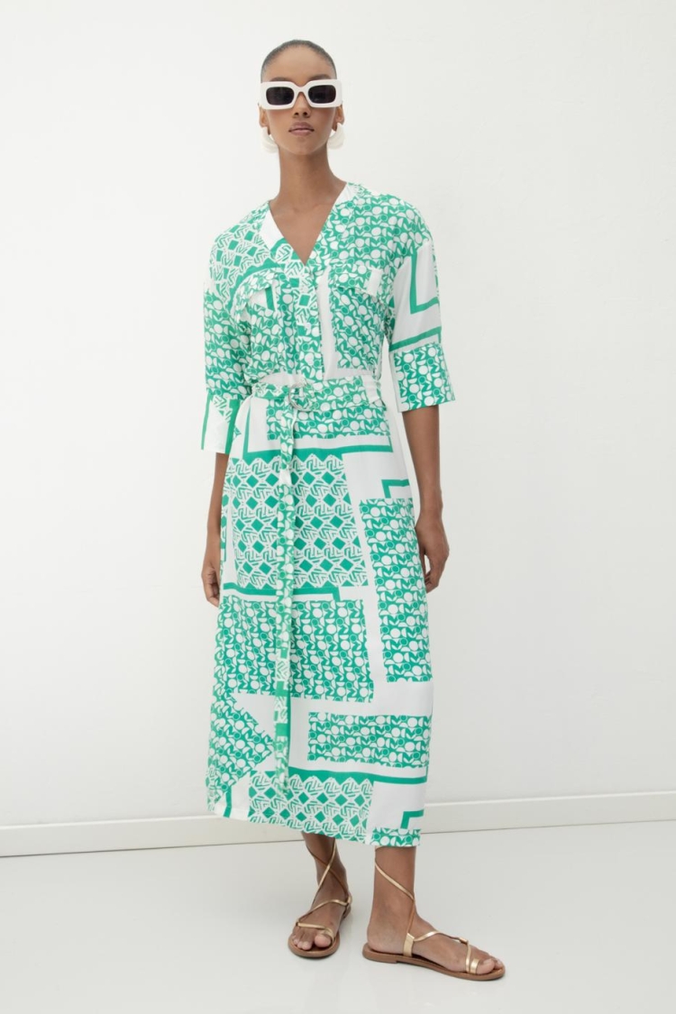 Three Quarter Sleeve Midi Patterned Dress - BSL - Globality Store - Women Clothes Wholesale Turkey